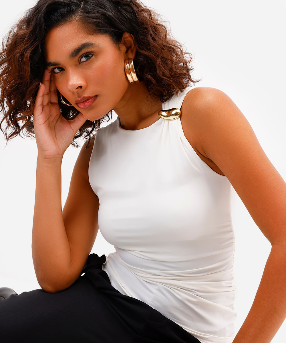 regata feminina de poliamida franzida off white