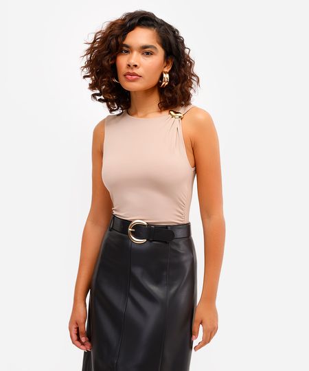 regata feminina de poliamida franzida marrom P regata feminina de poliamida franzida marrom P