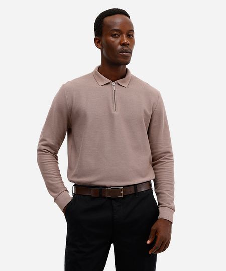 polo masculina com zíper manga longa texturizada bege G polo masculina com zíper manga longa texturizada bege G