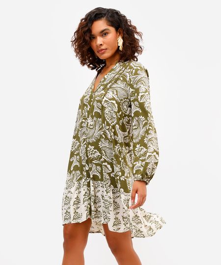 vestido chemise feminino de viscose com recorte paisley verde PP