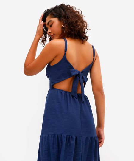 vestido feminino alças finas decote nas costas texturizado azul PP