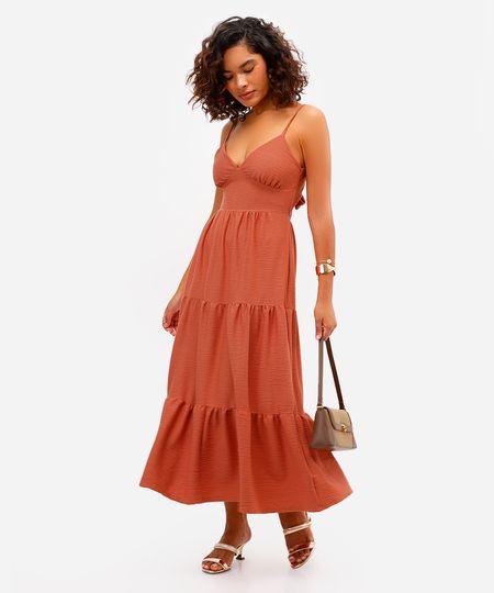 vestido feminino alças finas decote nas costas texturizado laranja PP vestido feminino alças finas decote nas costas texturizado laranja PP