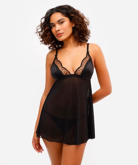 camisola sem bojo acetinada com tule e detalhe em poá bordado preto 40 camisola sem bojo acetinada com tule e detalhe em poá bordado preto 40