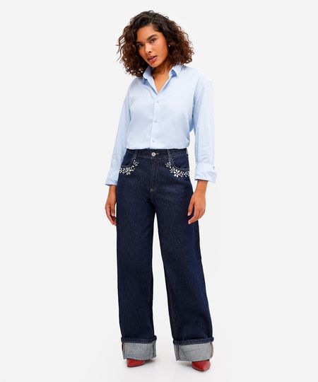 calça oversized feminina jeans com brilhos barra dobrada azul 34