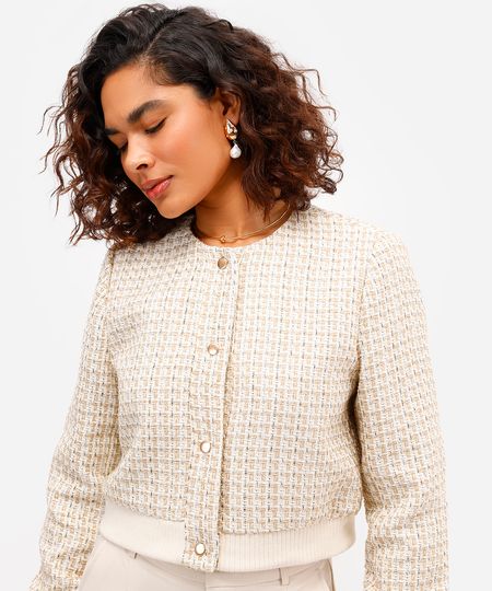 jaqueta bomber feminina de tweed com lurex bege GG
