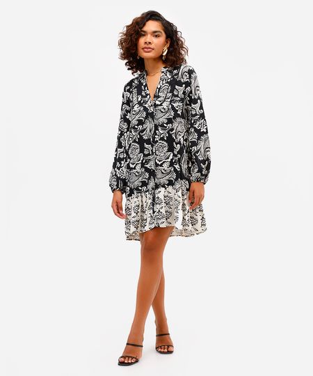 vestido chemise feminino de viscose com recorte paisley preta PP vestido chemise feminino de viscose com recorte paisley preta PP