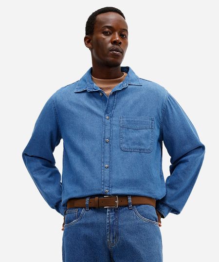 camisa jeans masculina manga longa com bolso azul G