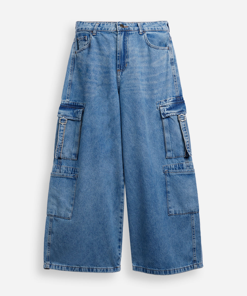 calça jeans juvenil skater com bolso cargo azul