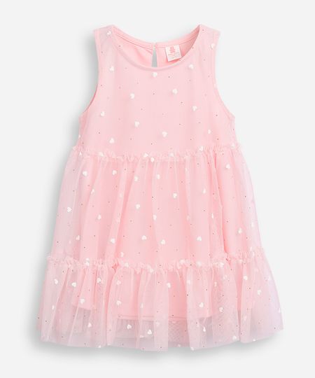 vestido infantil de tule corações rosa 3-6