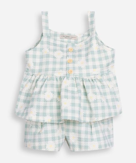 conjunto infantil xadrez texturizado floral verde 4