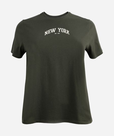 camiseta feminina de algodão new york plus size verde GG3