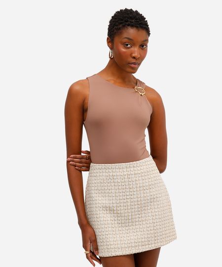 body feminino de poliamida com franzido marrom PP body feminino de poliamida com franzido marrom PP