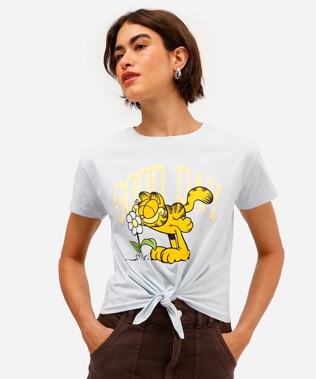 camiseta feminina de algodão garfield com amarração azul P camiseta feminina de algodão garfield com amarração azul P