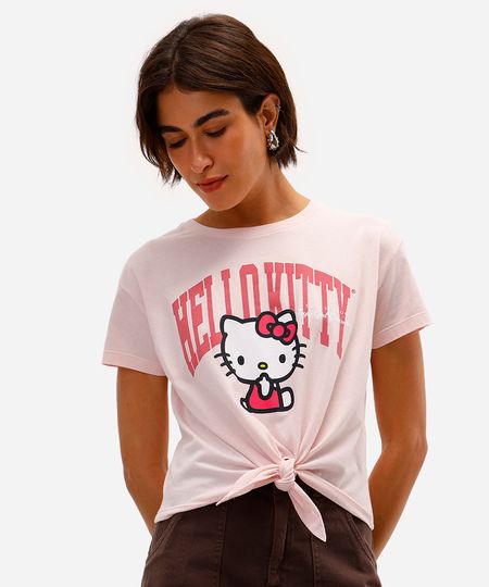 camiseta feminina de algodão hello kitty com amarração rosa PP