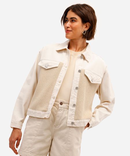 jaqueta feminina de sarja com tricot bege M