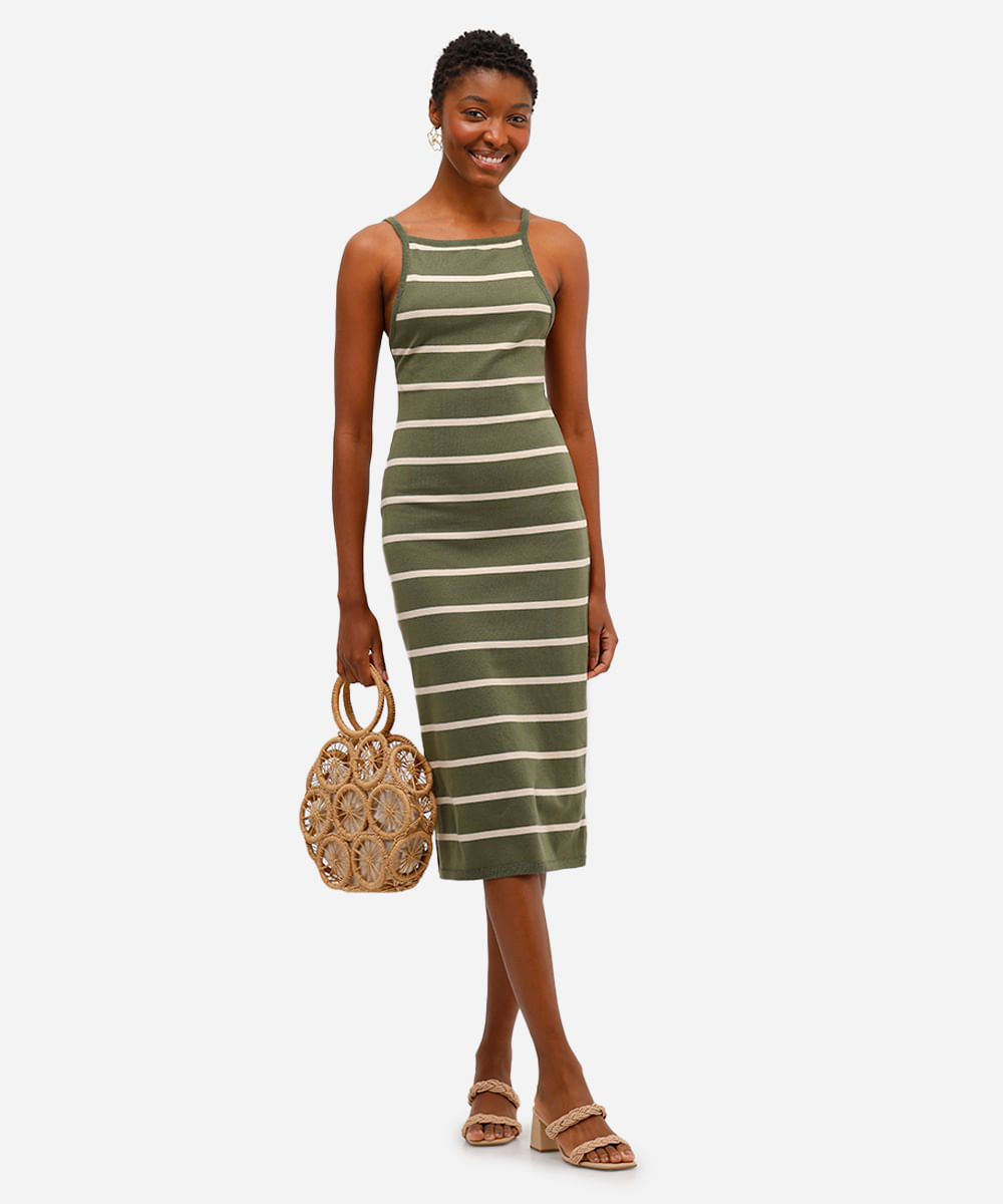 vestido midi feminino de tricot listrado verde