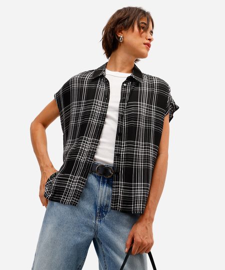 camisa muscle feminina de viscose xadrez preta PP camisa muscle feminina de viscose xadrez preta PP