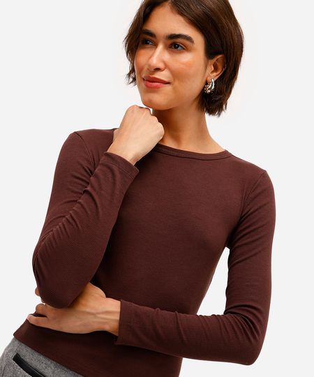 blusa básica feminina decote careca manga longa marrom PP