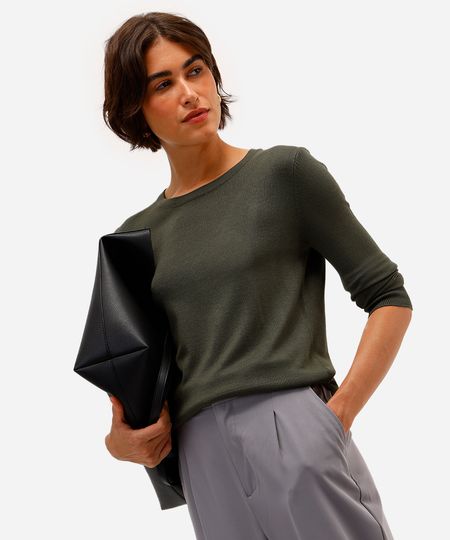 blusa básica feminina de tricot manga longa verde M