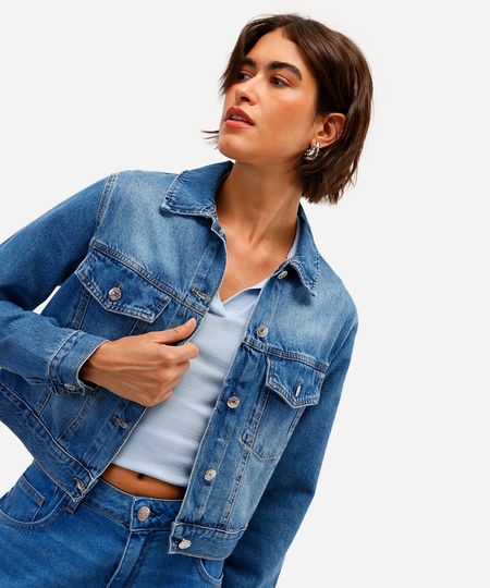 jaqueta cropped feminina jeans azul GG