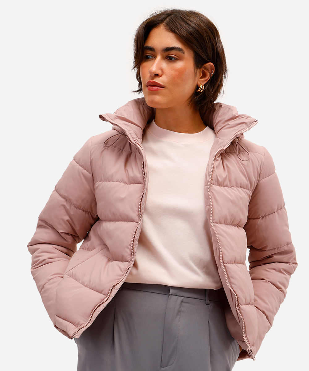 jaqueta alongada puffer com capuz - nude