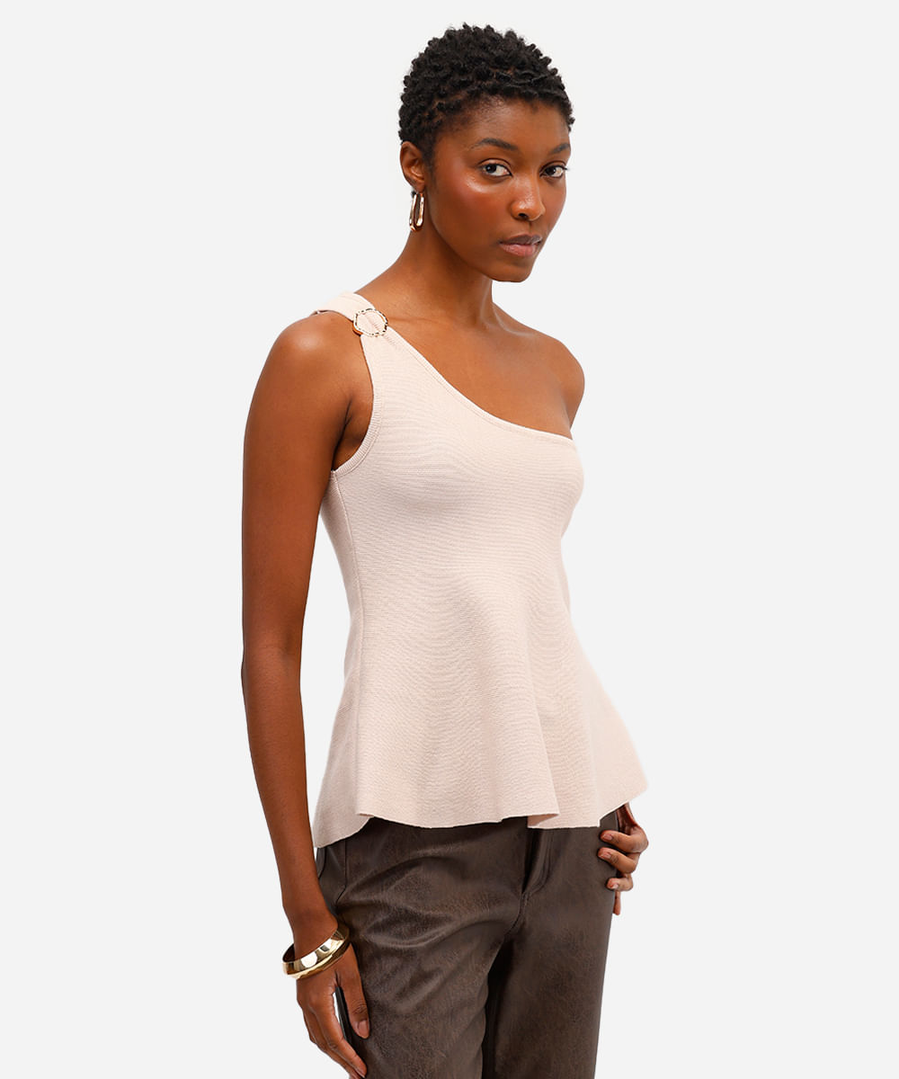 blusa ombro único feminina de tricot bege