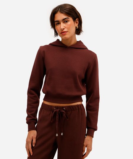 blusão básico feminino de moletom felpado cropped com capuz marrom M blusão básico feminino de moletom felpado cropped com capuz marrom M