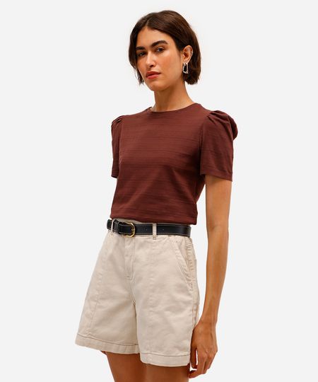 blusa feminina de algodão texturizada com manga bufante marrom PP