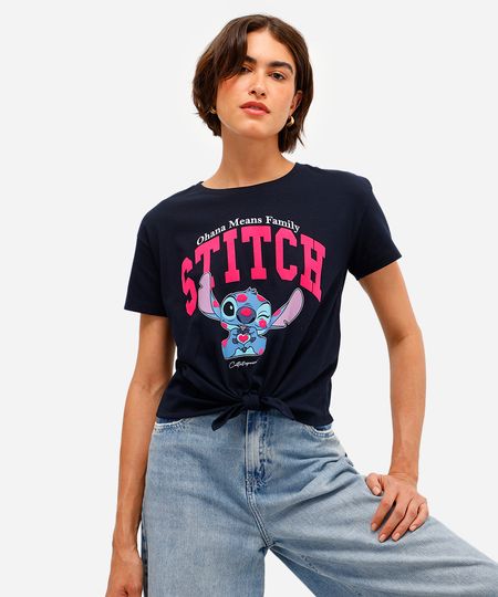 camiseta feminina de algodão stitch texturizada com amarração azul PP