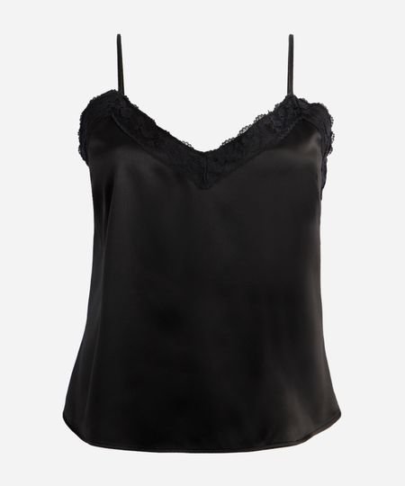 regata feminina acetinada com renda plus size preta GG1