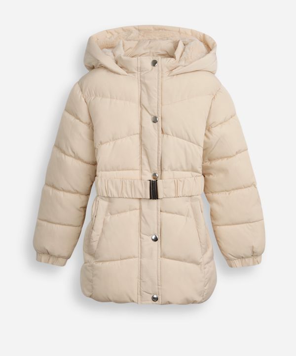 jaqueta puffer infantil longa com cinto bege 4
