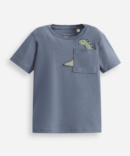 camiseta infantil de algodão com bolso dino azul 5