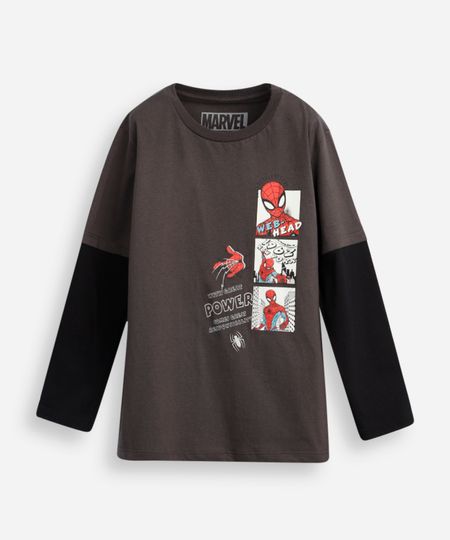 blusa de algodão infantil com manga sobreposta homem aranha - chumbo 12 blusa de algodão infantil com manga sobreposta homem aranha - chumbo 12