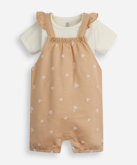 jardineira infantil floral com body bege 3-6