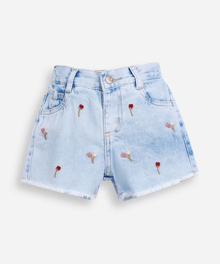 short jeans infantil com bordado floral azul 1