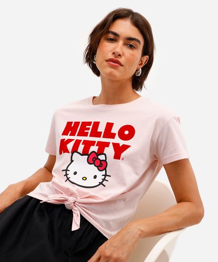 camiseta feminina de algodão hello kitty com amarração rosa P camiseta feminina de algodão hello kitty com amarração rosa P