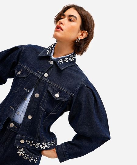 jaqueta feminina jeans manga bufante com brilhos azul P jaqueta feminina jeans manga bufante com brilhos azul P