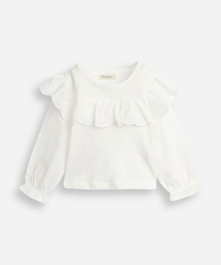 blusa infantil de algodão com babados em laise off white 2