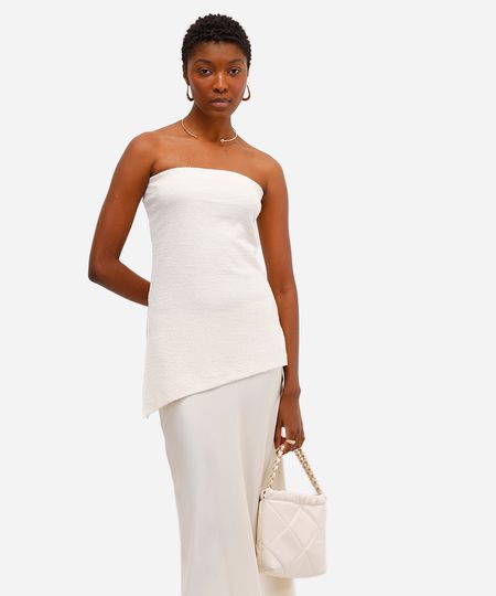 blusa sem alça feminina com linho e fenda texturizada bege M blusa sem alça feminina com linho e fenda texturizada bege M