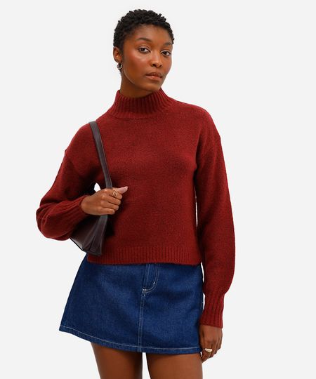 suéter feminino de tricot básico gola alta vinho PP