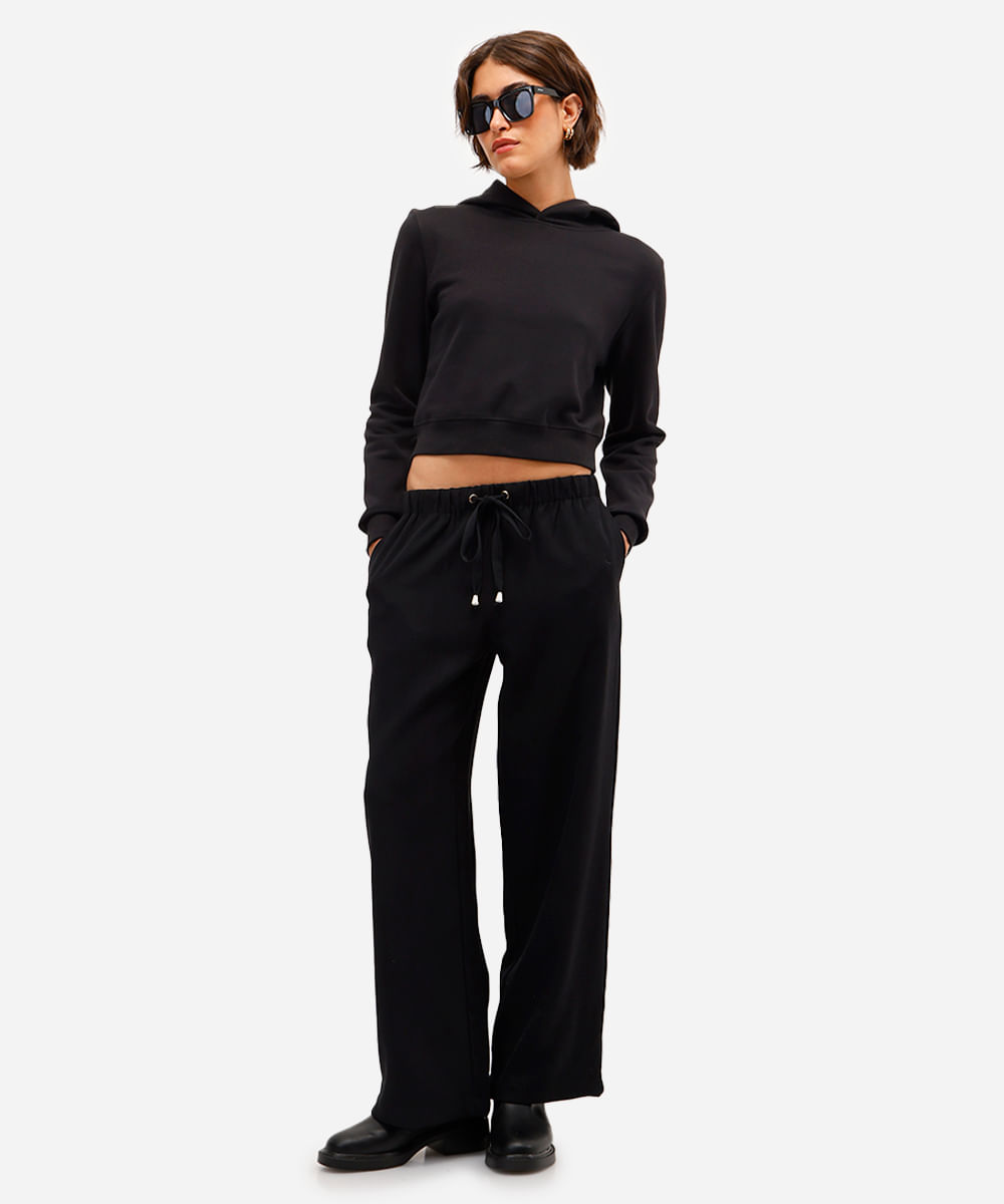 calça reta básica feminina cós elástico preta