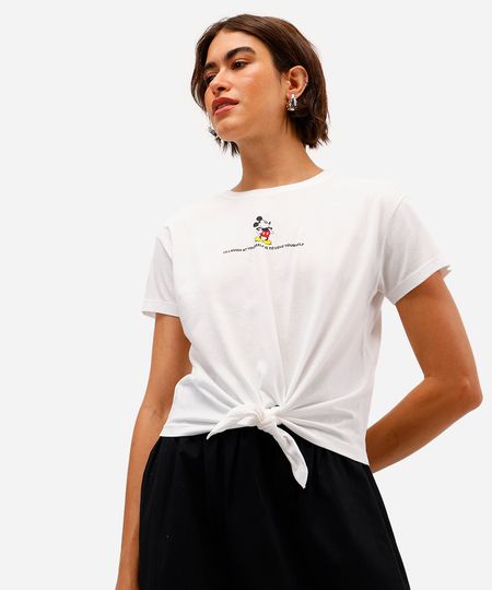 camiseta feminina de algodão mickey com amarração off white P camiseta feminina de algodão mickey com amarração off white P