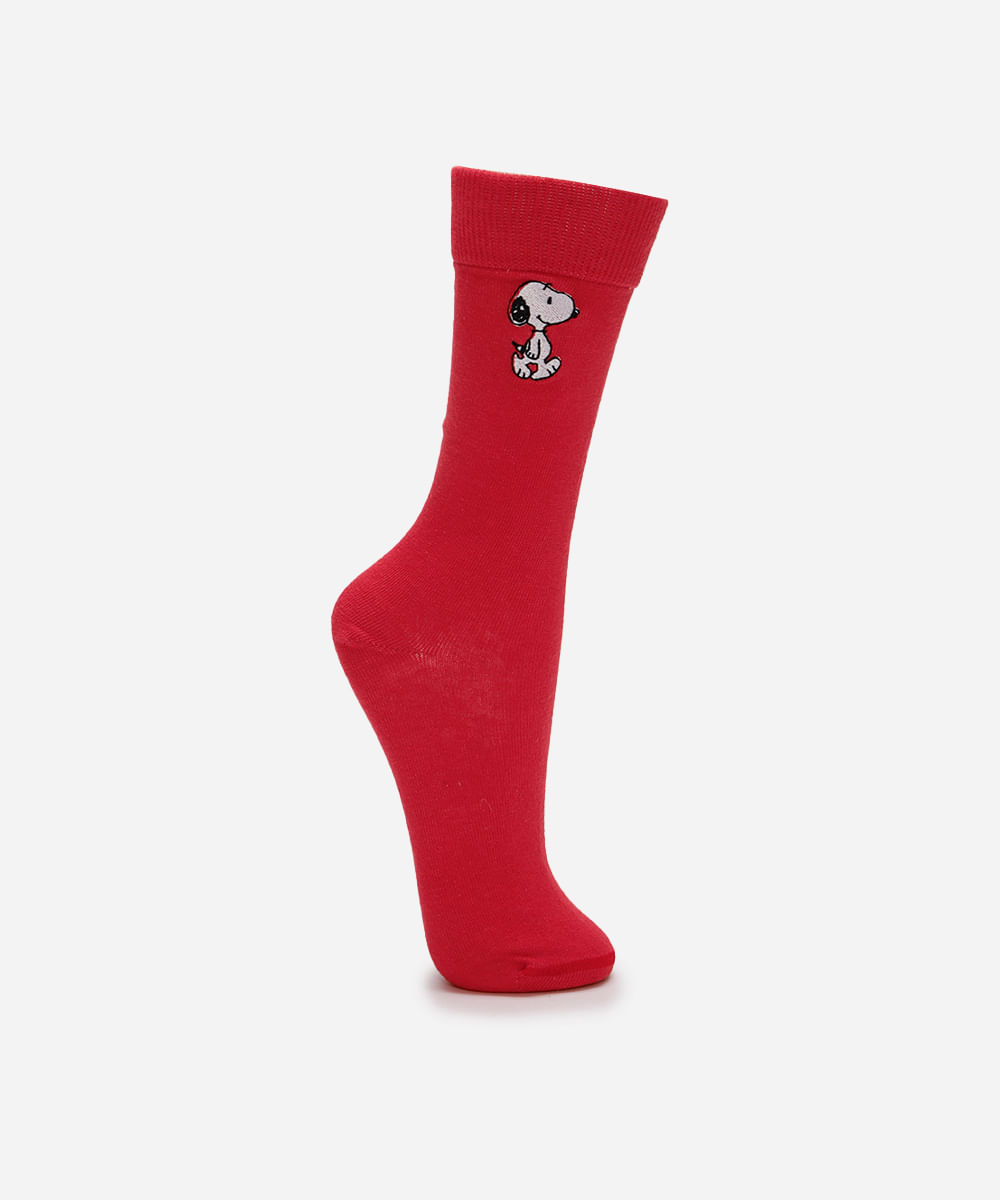 meia masculina cano longo bordado snoopy vermelha