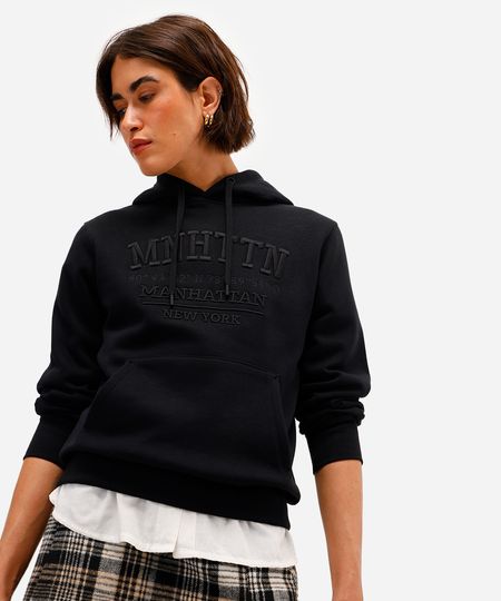 blusão feminino de moletom felpado com capuz manhattan preto PP