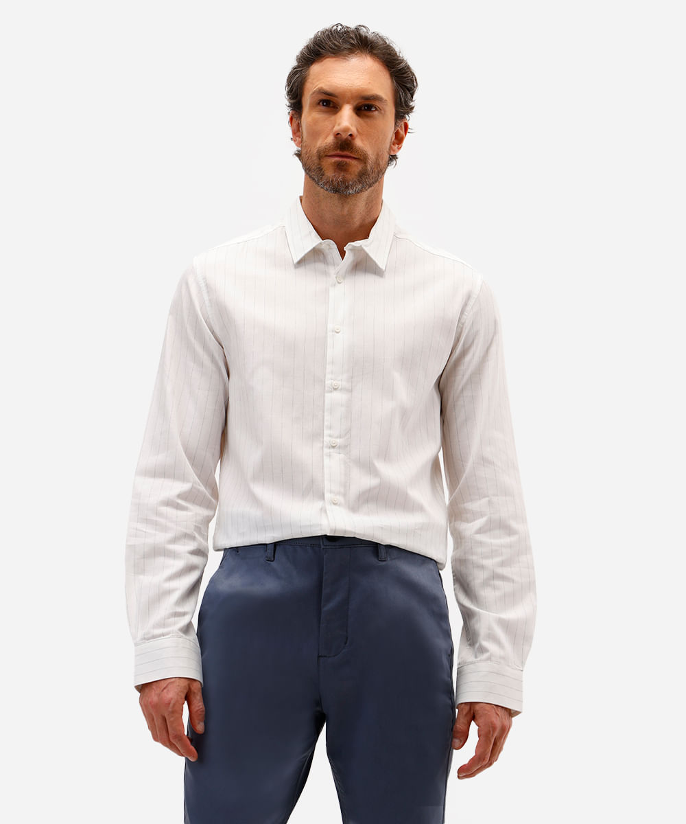 camisa masculina de algodão manga longa listrada off white