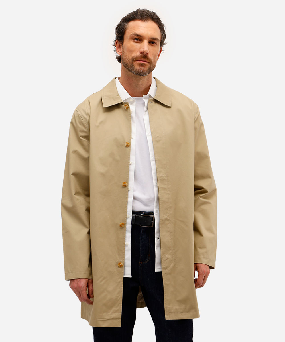 casaco trench coat masculino de sarja bege