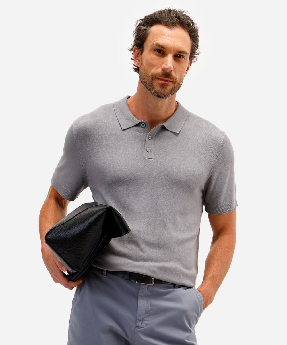 polo comfort masculina de tricot manga curta cinza