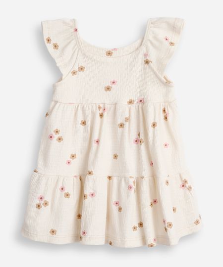 vestido infantil de algodão com recorte floral texturizado off white 9-12