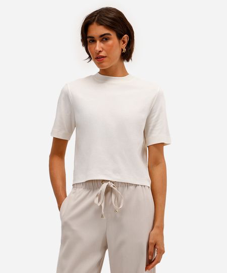 camiseta básica feminina de algodão peruano interlock off white P camiseta básica feminina de algodão peruano interlock off white P