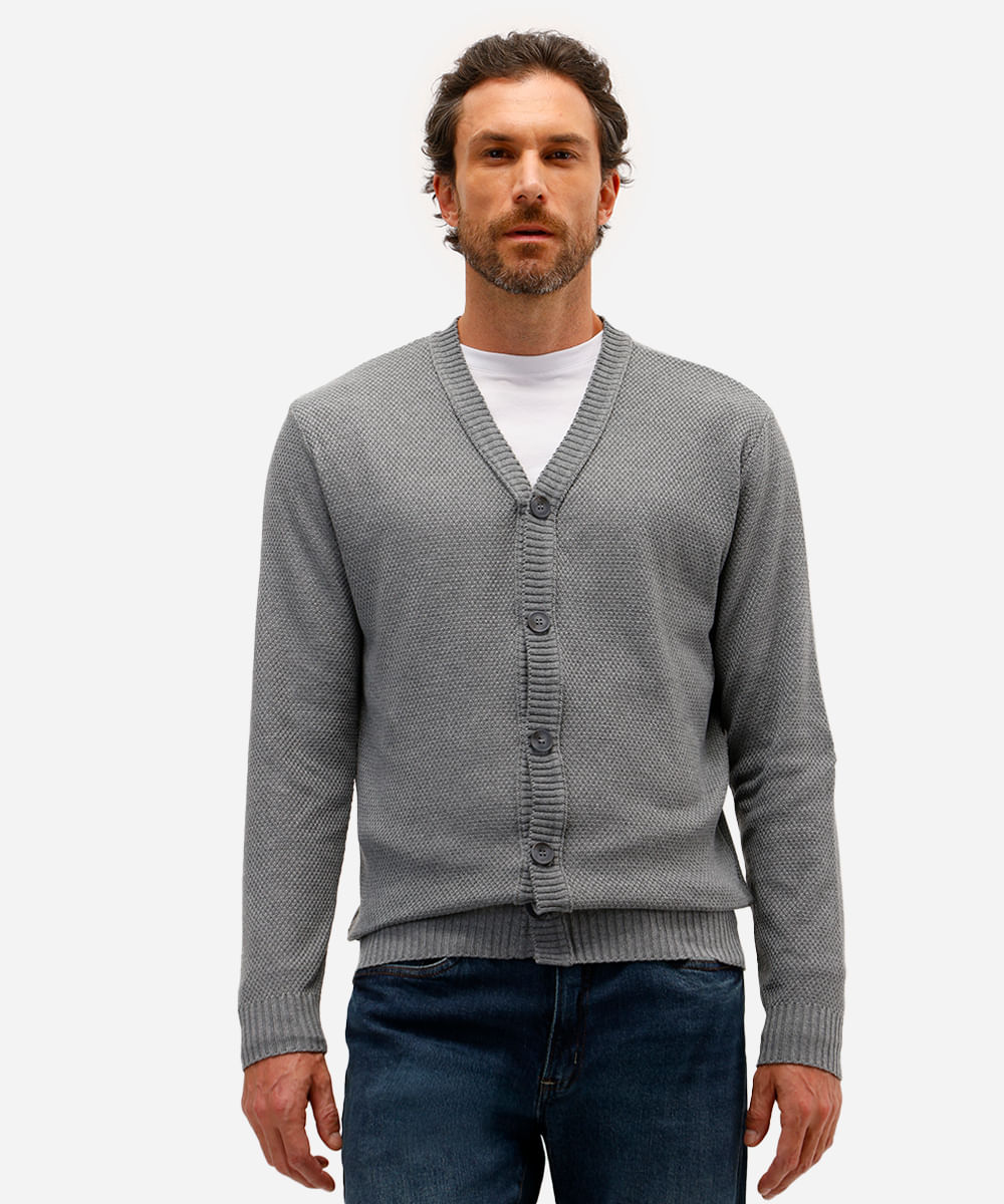 cardigan masculino de tricot texturizado cinza